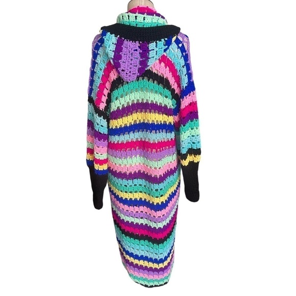 Rare Matimì Crochet Long Cardigan Sweater w/ Hood in Multicolor Stripes - Picture 7 of 11